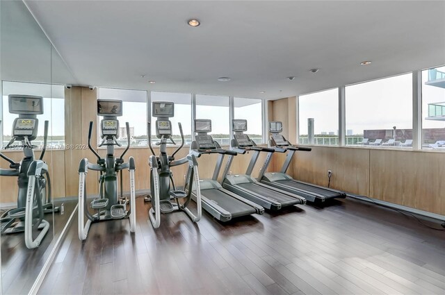 workout area featuring dark hardwood / wood-style flooring