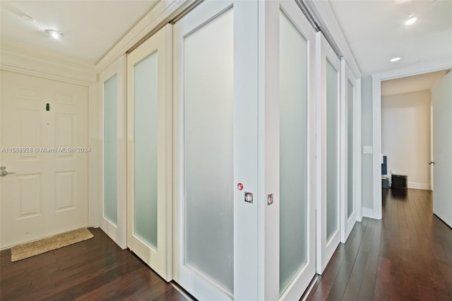 hallway with ornamental molding and dark wood-type flooring