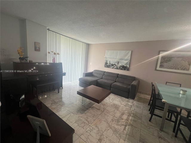 living room featuring a textured ceiling