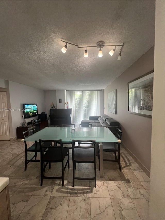 dining space with rail lighting, a textured ceiling, and a healthy amount of sunlight