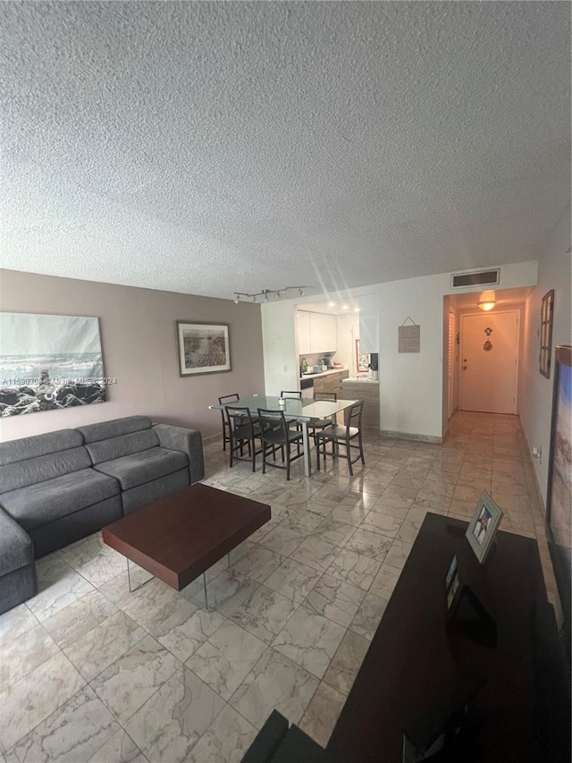 living room with a textured ceiling