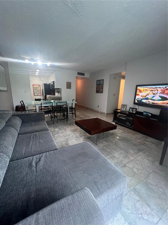 living room featuring a textured ceiling