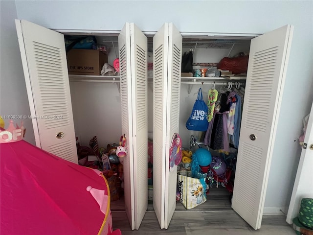 bedroom featuring two closets and dark hardwood / wood-style flooring