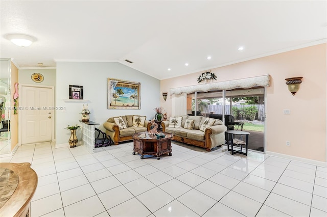 tiled living room featuring ornamental molding and lofted ceiling