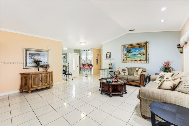 living room with crown molding, vaulted ceiling, and light tile floors