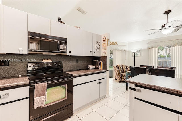 kitchen with white cabinetry, black appliances, backsplash, ceiling fan, and light tile floors