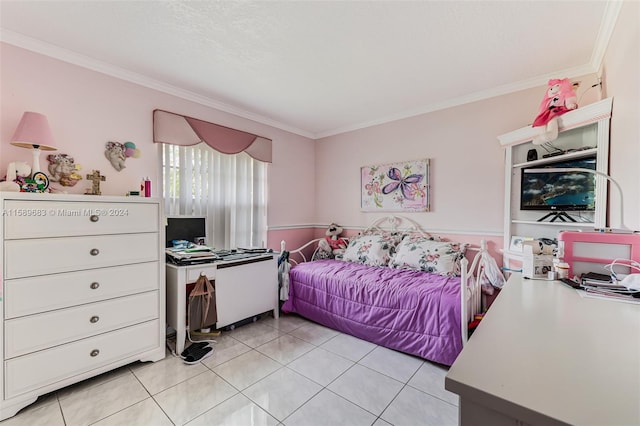 bedroom featuring crown molding and light tile floors