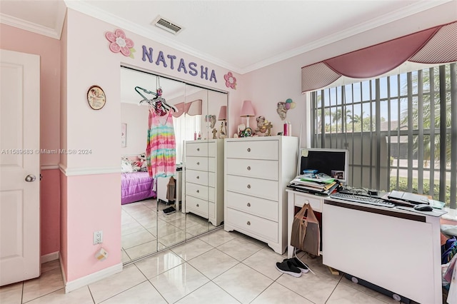 tiled office featuring crown molding