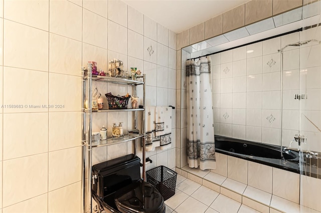 bathroom featuring tile flooring, tile walls, and shower / bath combo