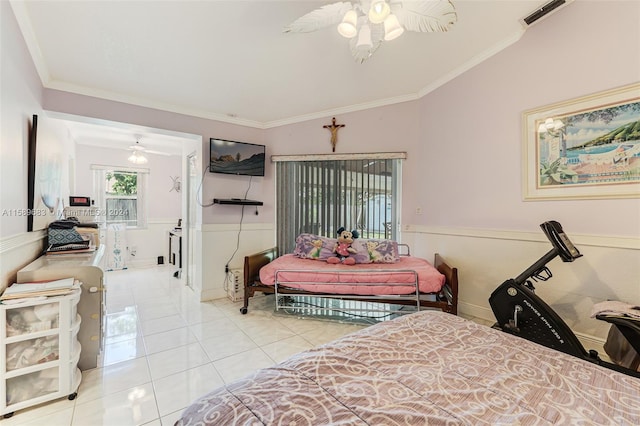 bedroom featuring crown molding, lofted ceiling, and light tile flooring