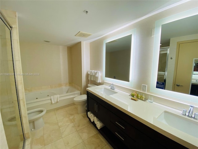 full bathroom featuring a bidet, vanity with extensive cabinet space, toilet, tile flooring, and double sink