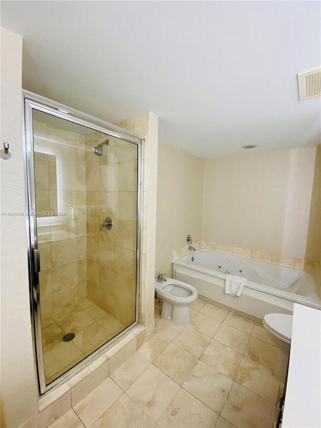 bathroom with a bidet, shower with separate bathtub, tile floors, and toilet