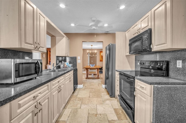 kitchen featuring black appliances, ceiling fan with notable chandelier, a textured ceiling, light tile patterned floors, and backsplash