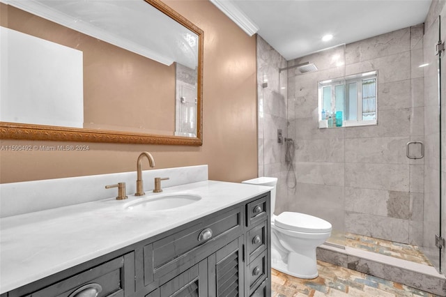 bathroom featuring vanity, crown molding, an enclosed shower, toilet, and tile patterned flooring