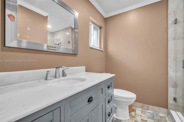 bathroom featuring vanity, walk in shower, ornamental molding, toilet, and tile patterned flooring