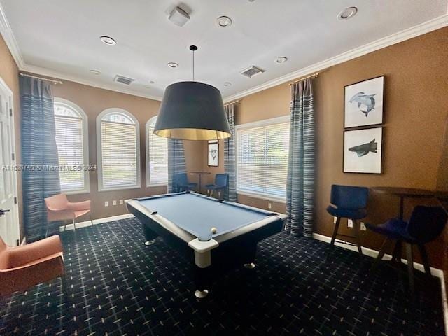 game room featuring dark carpet, billiards, and crown molding