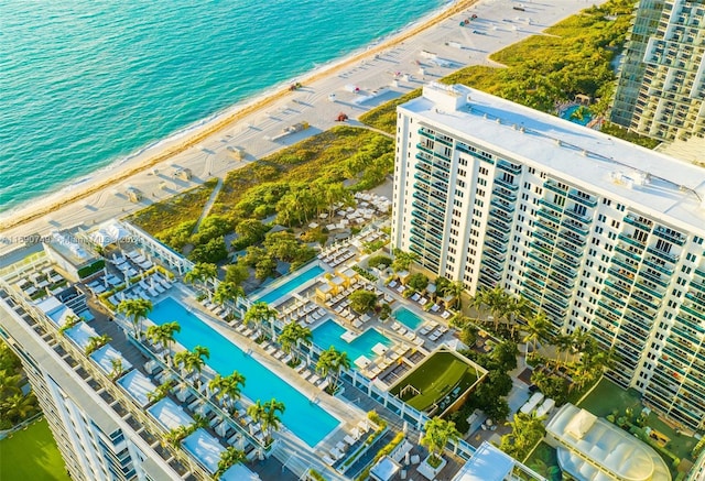 aerial view featuring a beach view and a water view