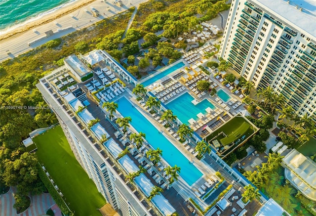 aerial view featuring a water view