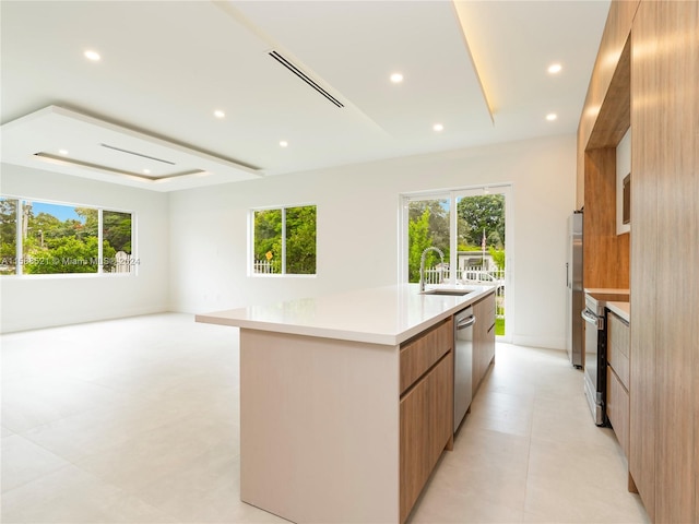 kitchen featuring a wealth of natural light, stainless steel appliances, a large island with sink, and sink