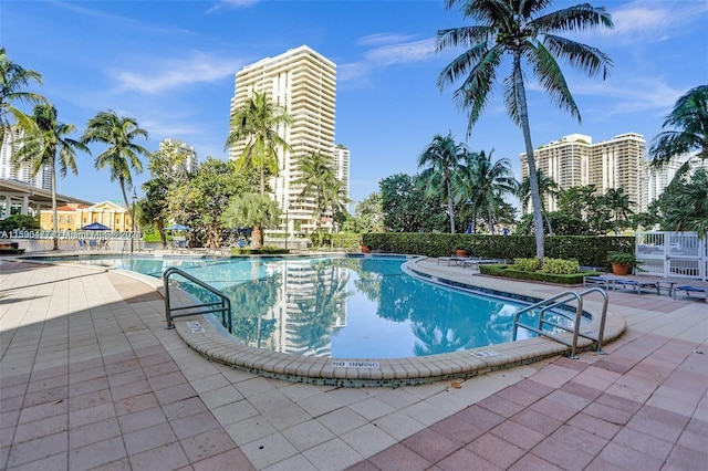 view of swimming pool with a patio area