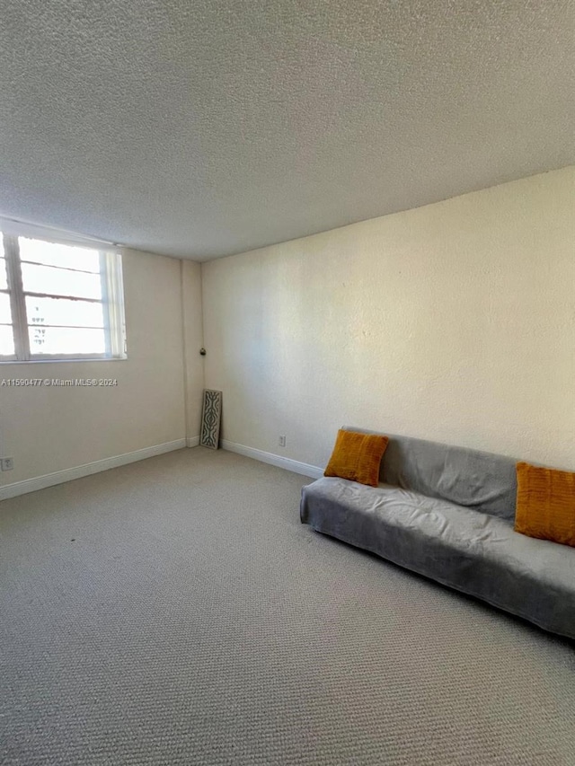 carpeted living room featuring a textured ceiling