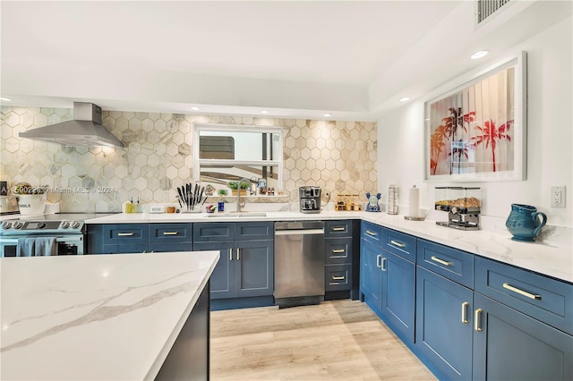 kitchen with light hardwood / wood-style floors, backsplash, wall chimney exhaust hood, sink, and appliances with stainless steel finishes