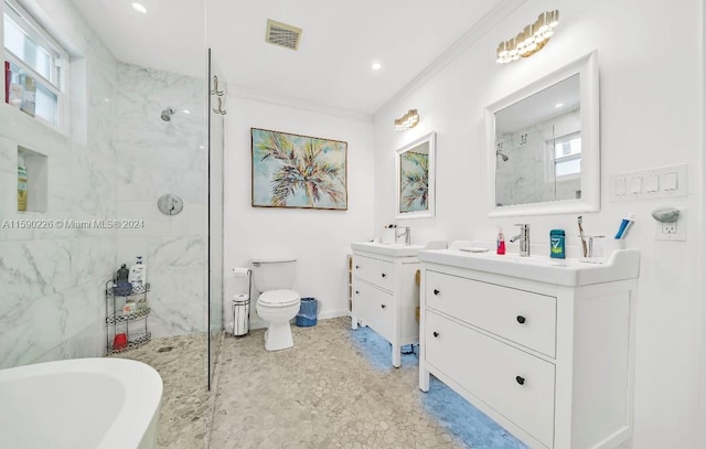 full bathroom featuring tile floors, dual vanity, separate shower and tub, and toilet