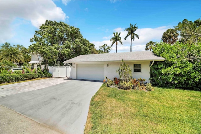 single story home with a front lawn and a garage