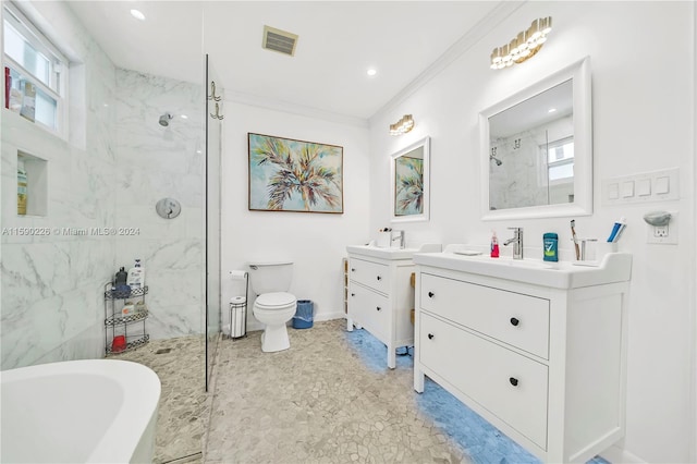 full bathroom with tile flooring, shower with separate bathtub, ornamental molding, toilet, and large vanity