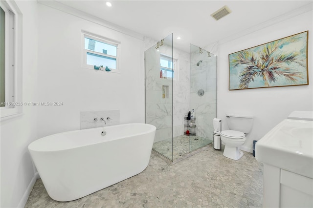 full bathroom featuring tile floors, vanity, toilet, and plus walk in shower