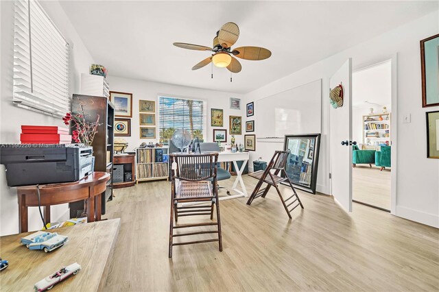 office area featuring ceiling fan and light hardwood / wood-style flooring