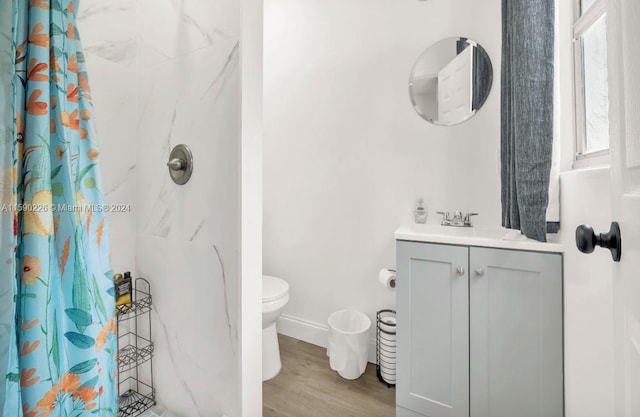 bathroom featuring large vanity, wood-type flooring, a shower with shower curtain, and toilet