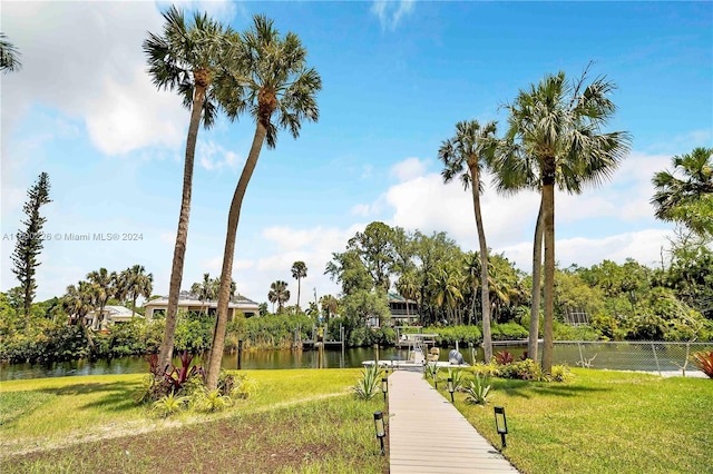 view of nearby features featuring a water view and a lawn