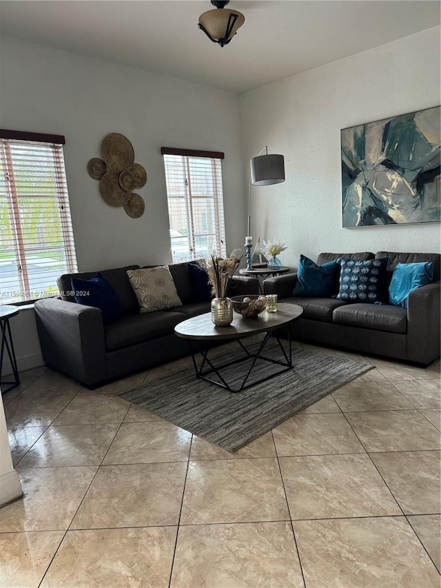 living room featuring light tile patterned floors