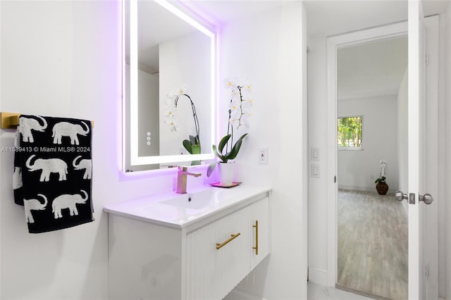 bathroom featuring hardwood / wood-style flooring and vanity with extensive cabinet space