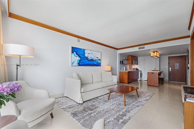 living room with light tile floors and crown molding