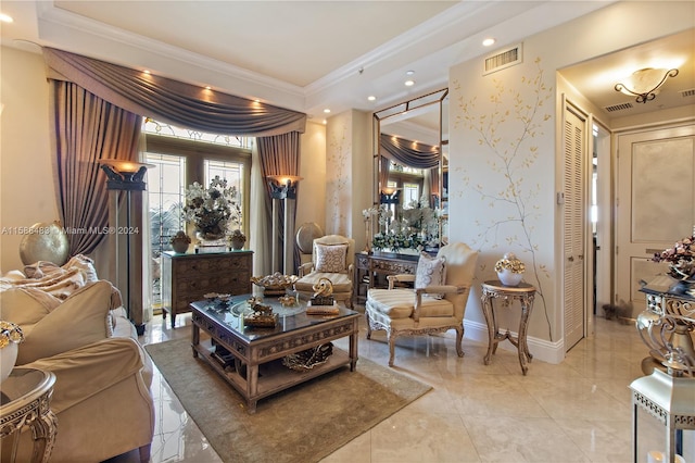 tiled living room with crown molding