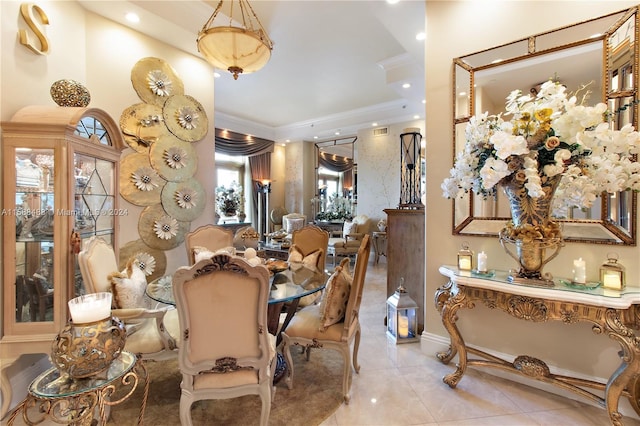 tiled dining room with crown molding