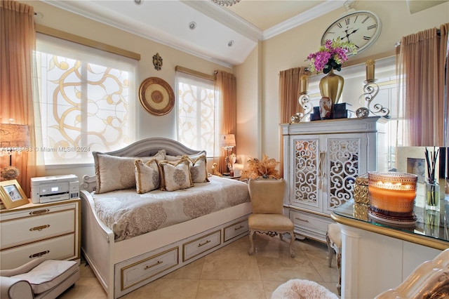 bedroom featuring ornamental molding and light tile floors