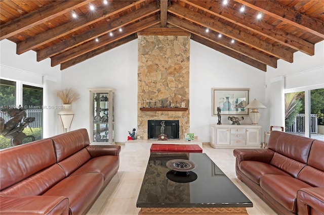 tiled living room with wooden ceiling, high vaulted ceiling, and a fireplace