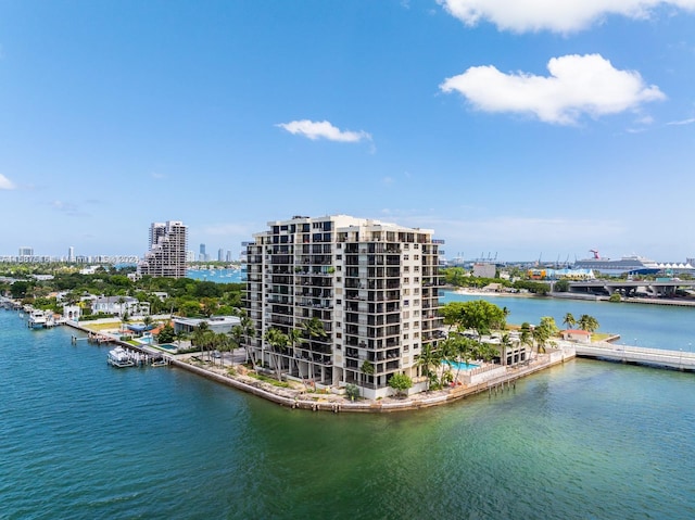 drone / aerial view featuring a water view