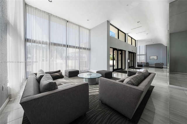 tiled living room with french doors