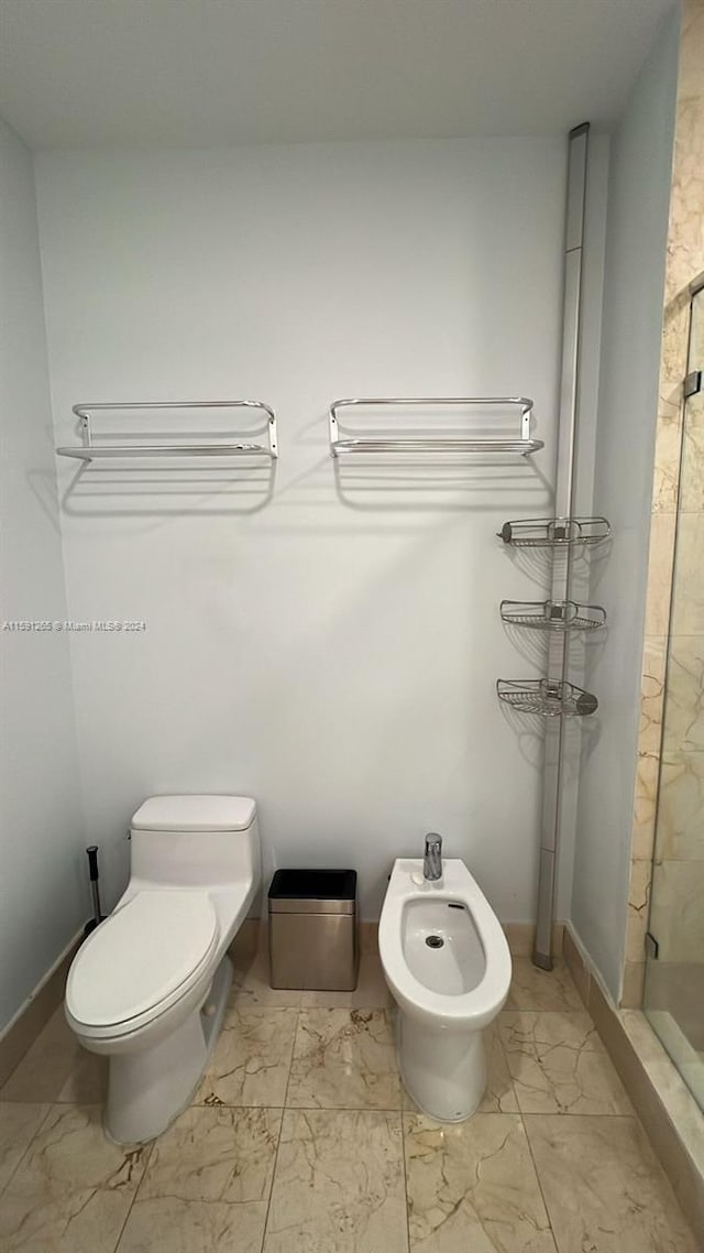 bathroom featuring a bidet, tile flooring, toilet, and a shower
