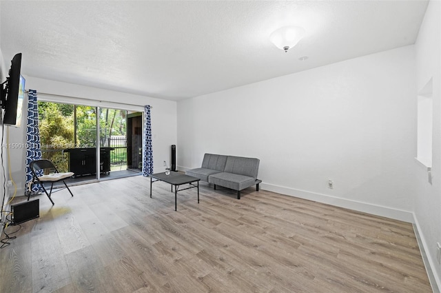 living area with light hardwood / wood-style floors and a textured ceiling