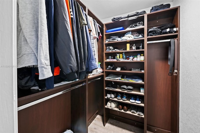 spacious closet with light hardwood / wood-style flooring