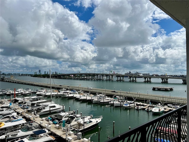 view of water feature with a boat dock