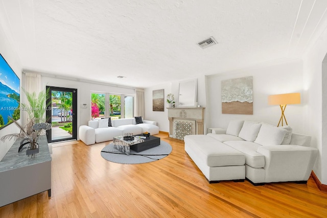 living room featuring a textured ceiling and light hardwood / wood-style floors