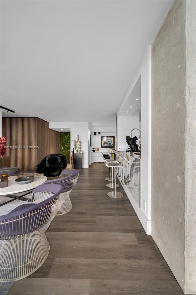 living room featuring dark wood-type flooring and rail lighting