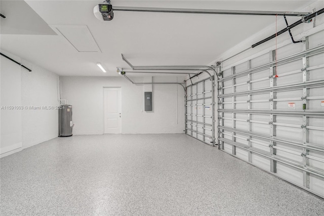 garage featuring electric panel and water heater