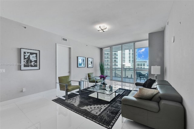 tiled living room with expansive windows